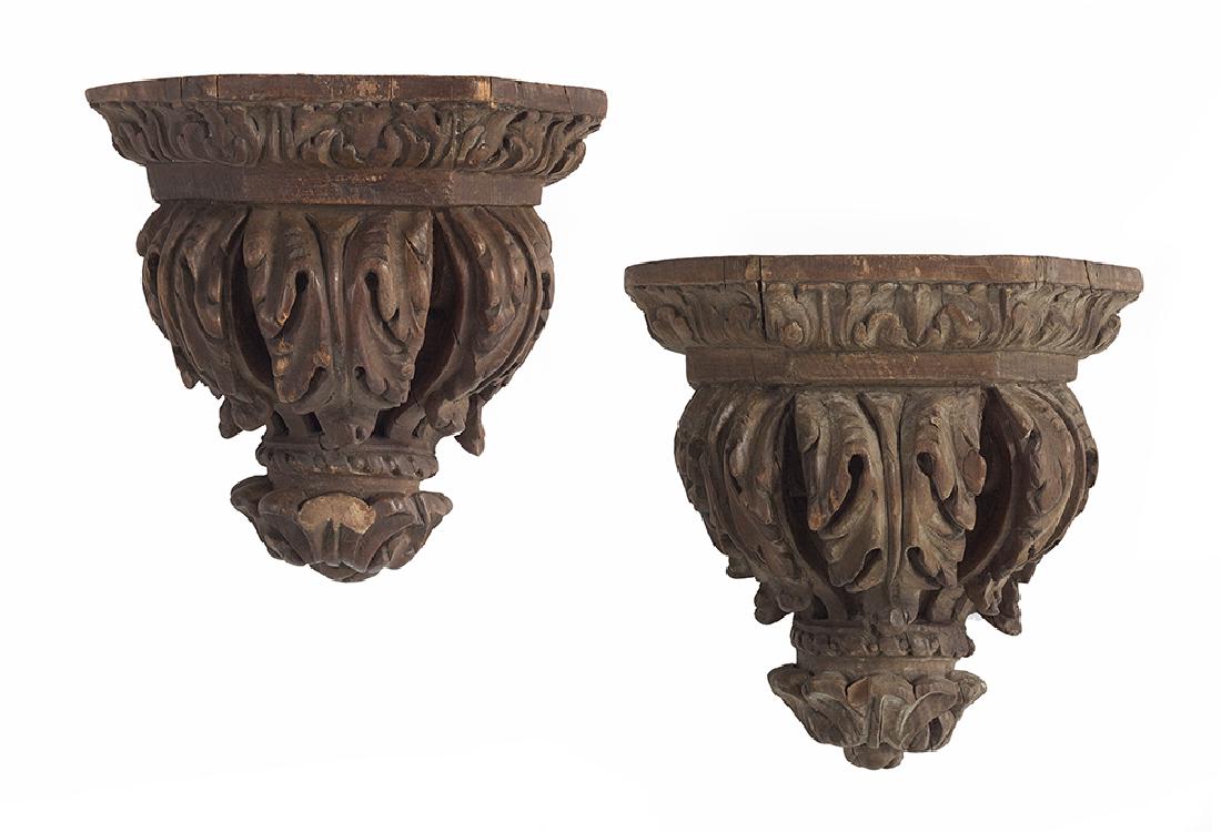 Pair of Italian Carved Walnut Brackets: Pair of Italian Carved Walnut Brackets 19th century, in the Baroque taste. h. 13", w. 12-3/4", d. 7-1/2"