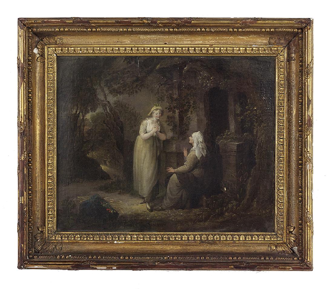 British School (19th Century): British School (19th Century) "Gossip" oil on canvas unsigned, old handwritten label en verso. Framed. 18" x 22"