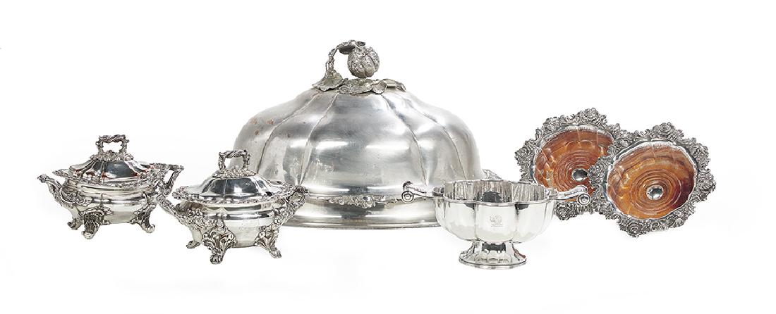 Six Pieces of Victorian Silverplate Tableware: Six Pieces of Victorian Silverplate Tableware including an A. Savory & Sons meat dome with melon finial, h. 11-1/4", l. 18-1/4", a pair of wine coasters with rocaille rim, dia. 8-1/4", two rocaille sa