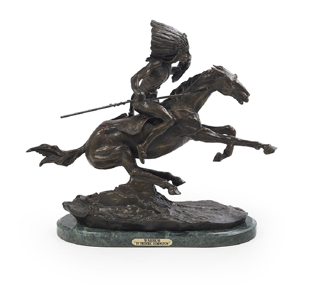 American Patinated Bronze of a "Warrior": American Patinated Bronze of a "Warrior" 20th century, after Frederic Sackrider Remington (American, 1861-1909), cast inscription "inspired by Frederic Remington" along edge of self-base, on a green m