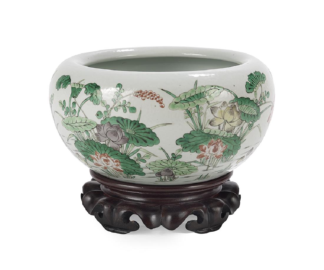 Chinese Famille Verte Porcelain Brush Washer: Large Chinese Famille Verte Porcelain Brush Washer second half 19th century, of compressed globular form with rounded lip, decorated to the exterior with a panoramic design depicting flowering water p