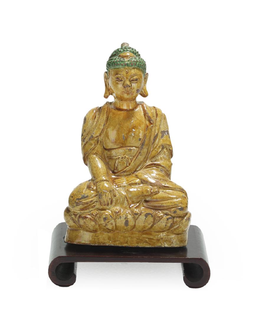 Chinese Yellow and Green Glaze Terracotta Buddha: Chinese Yellow and Green Glaze Terracotta Buddha in the Ming style, but later, the figure modeled seated on a lotus throne, having all-over mustard yellow glaze, and hair depicted in green, with scrol