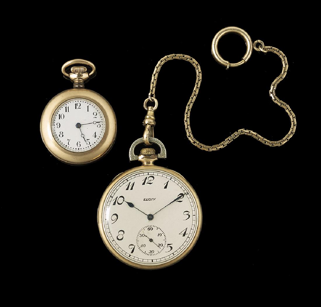 Gold Filled Lady's Open-Faced Pendant Watch: Ten-Karat Gold Filled Yellow Gold Lady's Open-Faced Pendant Watch c. 1930, with white enamel face and black numerals, model "Canour" by N.E.W. Company, with a leather coin purse holder, together with 