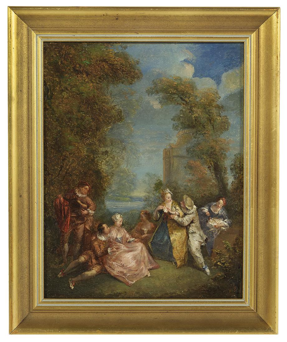 School of Jn.-Antoine Watteau (French, 1684-1721): School of Jean-Antoine Watteau (French, 1684-1721) "Fete Champetre" oil on cradled wood panel unsigned. In a contemporary frame. 15-3/8" x 11-7/8", framed 19-1/4" x 15-3/4"