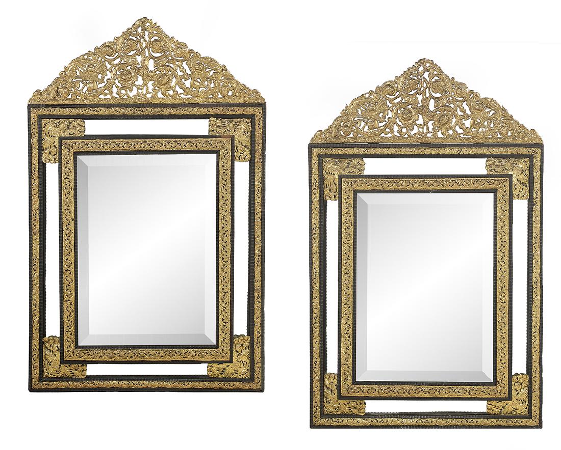 Pair of Ebonized Wood and Brass Cushion Mirrors (1 of 2)