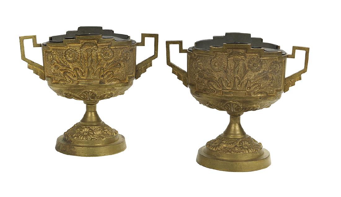Pair of French Gilt-Bronze Bough Pots: Pair of French Gilt-Bronze Bough Pots in the Renaissance Style fourth quarter 19th century, the oval bronze vases molded with flowers and leaves on a stippled ground, and set with fitted tole liners a