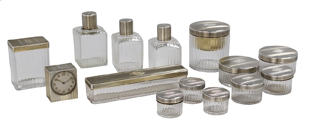 French Fourteen-Piece Silver and Glass Vanity Set (1 of 1)