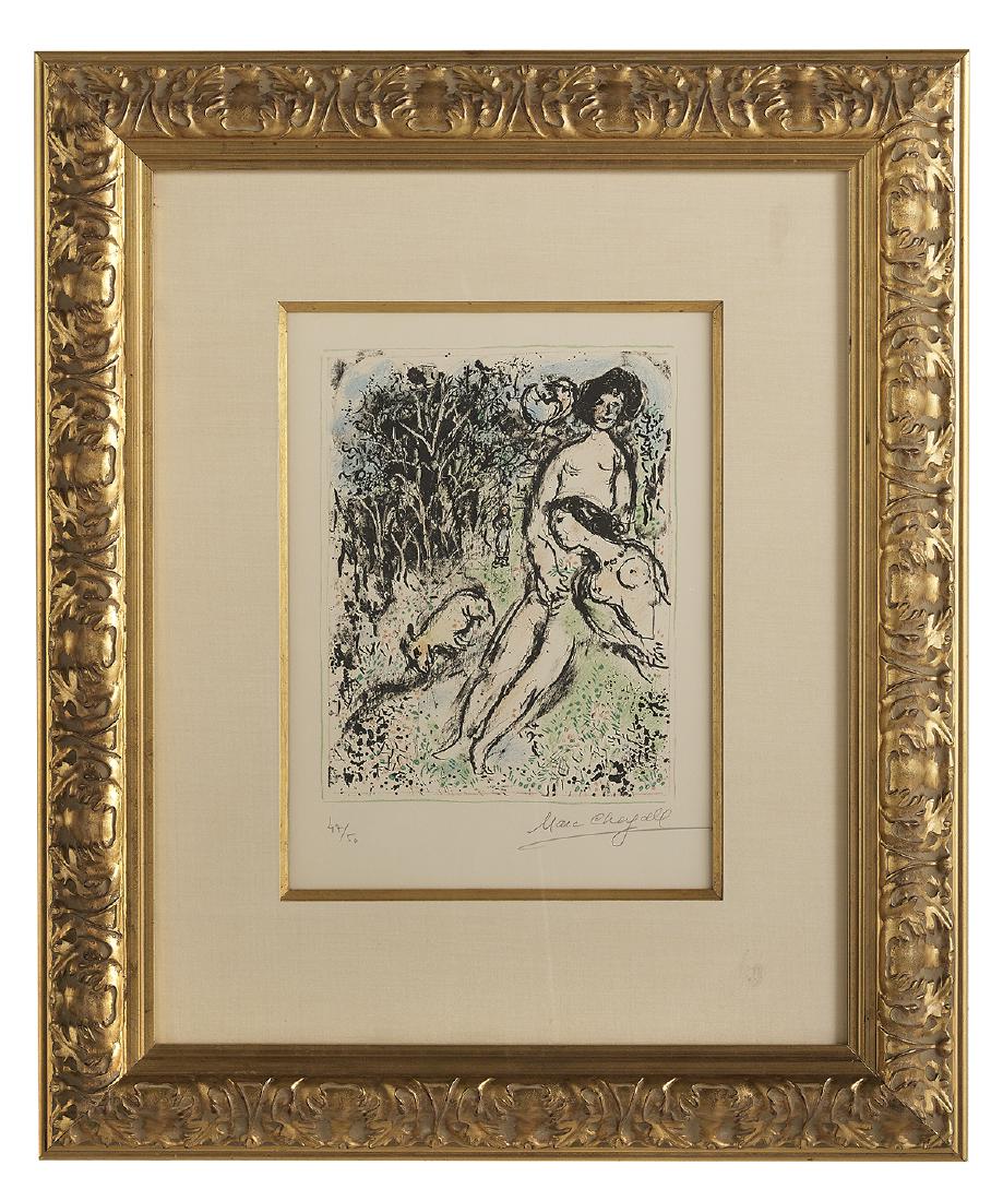 Marc Chagall (Russian/French, 1887-1985): Marc Chagall (Russian/French, 1887-1985) "Idylle aux Champs" lithograph in colors signed in pencil lower right, numbered "47/50" lower left. Matted, glazed and framed. sight 16-3/8" x 12", framed 32-1