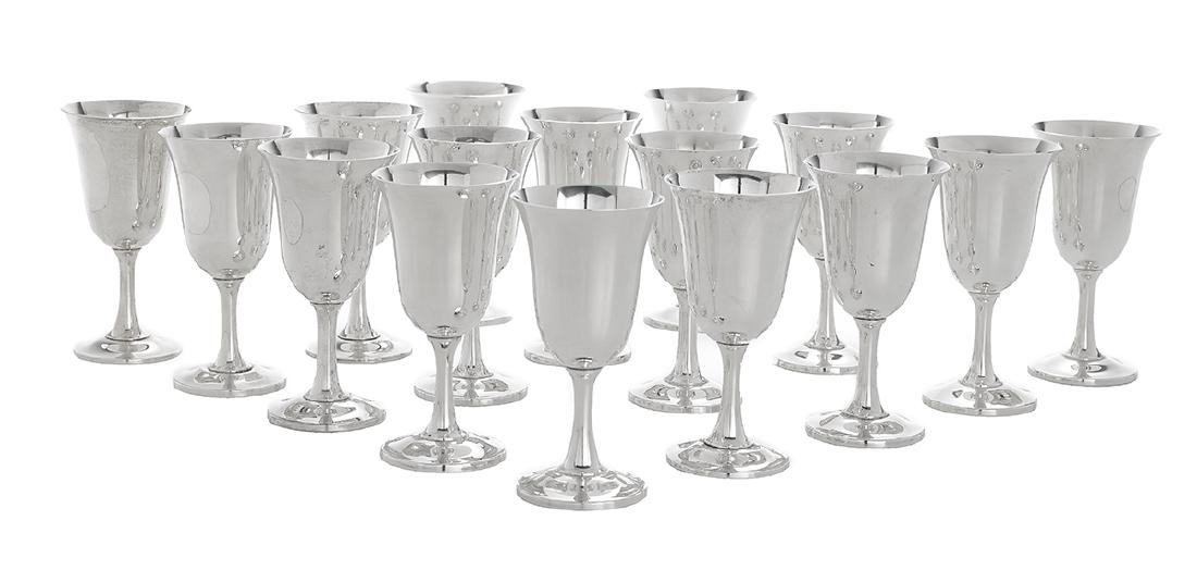 Sixteen Wallace Sterling Silver Water Goblets: Set of Sixteen Wallace Sterling Silver Water Goblets mid-20th century, by Wallace Silversmiths, Wallingford, Connecticut, pattern #14, each with an inverted bell-form bowl, and trumpeting stem to an o