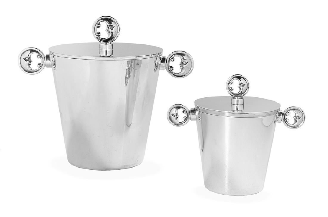 B. Kieselstein-Cord "Moon" Silver Ice Bucket Set: B. Kieselstein-Cord "Moon" Sterling Silver Ice Bucket Set fourth quarter 20th century, including a wine cooler and a small ice bucket, each of tapering bucket form with flat fitted lid, with crescent 