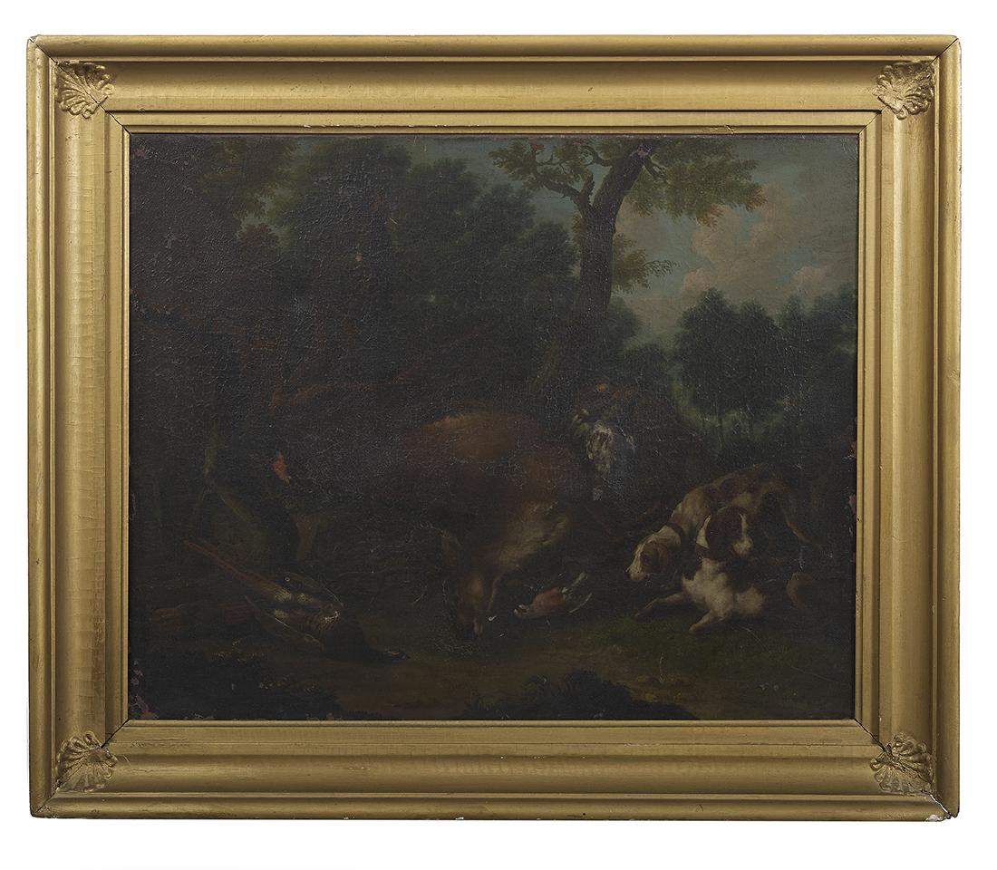 Continental School (18th Century): Continental School (18th Century) "The Hunt" oil on canvas unsigned. Framed. 26-1/2" x 33", framed 34-1/2" x 40-1/2"