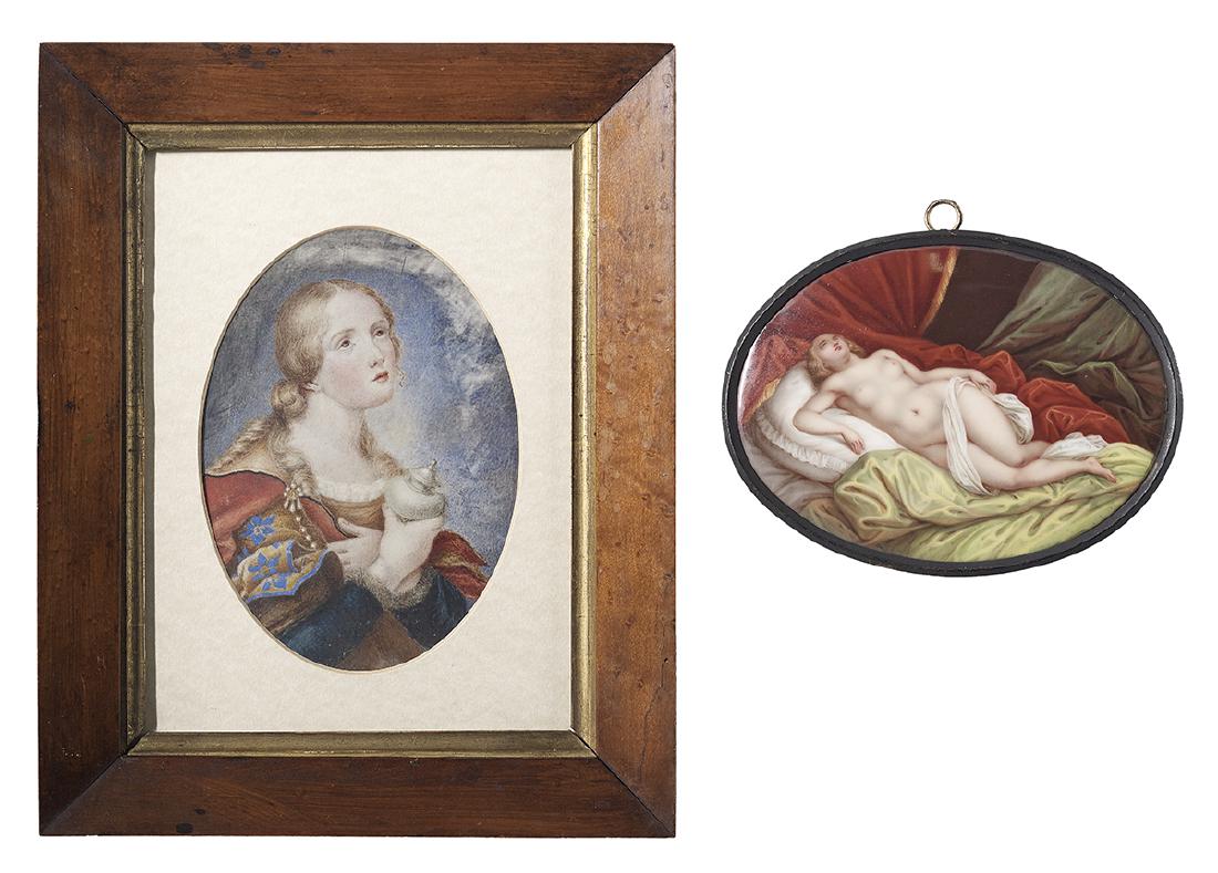 Watercolor Portrait Miniature of Mary Magdalene: Watercolor Portrait Miniature of Mary Magdalene fourth quarter 19th century, after the painting by Carlo Dolci (Italian 1616-1686), sight 6-5/8" x 4-5/8", glazed and framed, overall 11-7/8" x 9-3/8"; 