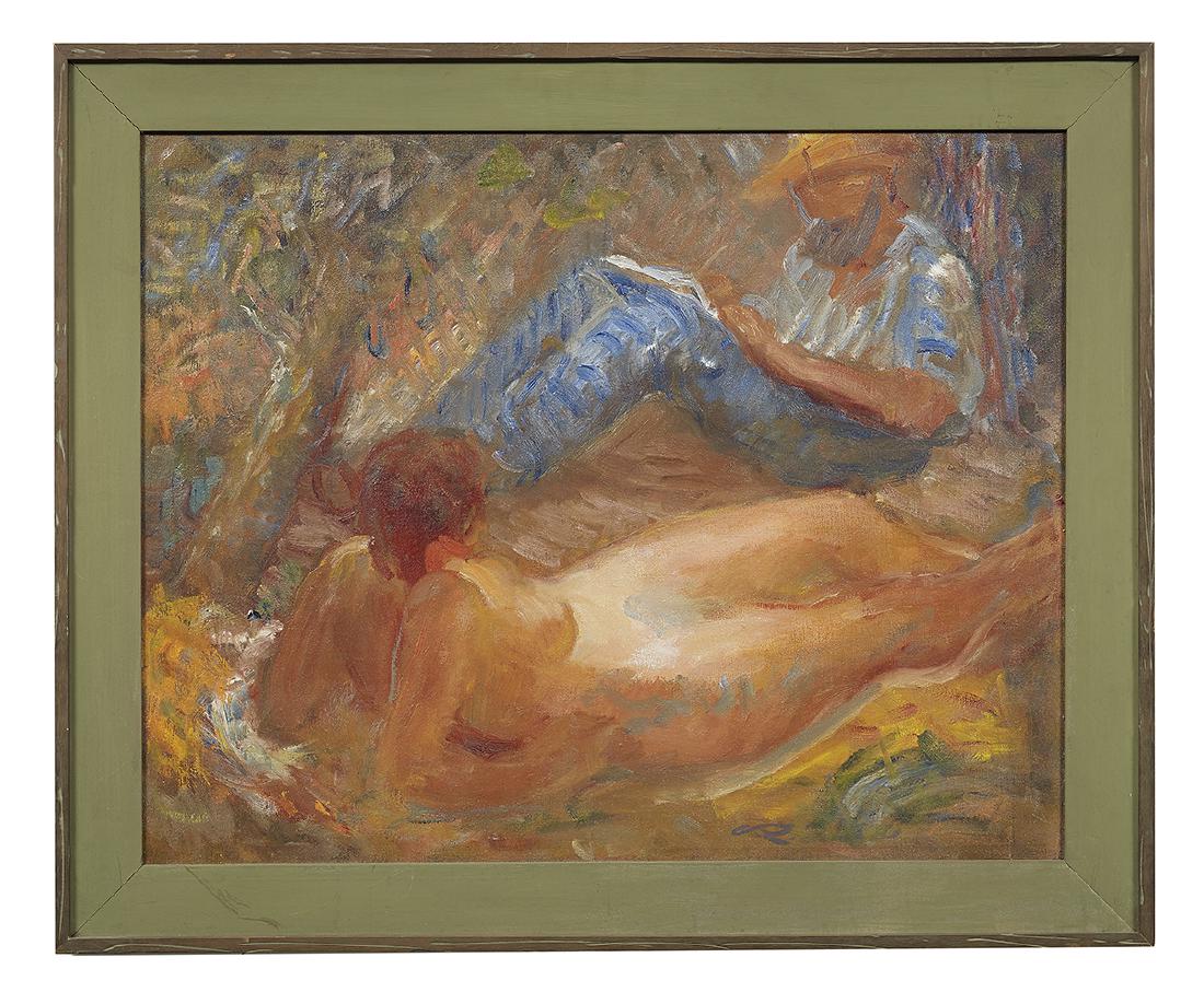 Charles W. Richards (New Orleans, 1906-1992): Charles Whitfield Richards (Mississippi/New Orleans, 1906-1992) "Sunday Painter #2" oil on canvas signed lower right, a typewritten title label and an E. L. Borenstein Collection inventory sheet en ve