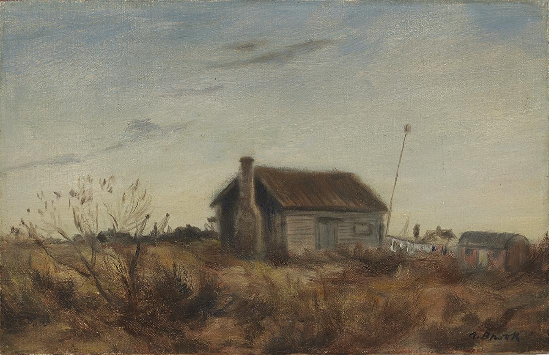 Alexander Brook (US/Georgia, 1898-1980): Alexander Brook (American/Georgia, 1898-1980) "Cabin" oil on canvas signed lower right. Unframed. 7" x 10"