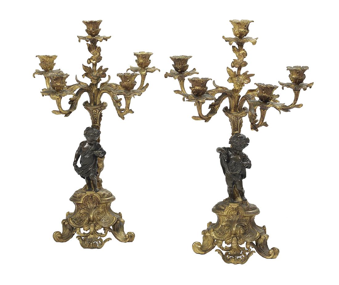 Pair of French Bronze Dore et Patine Candelabra (1 of 1)