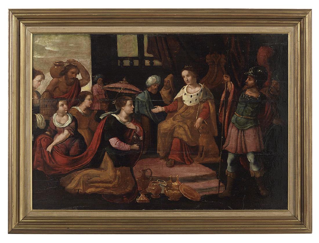 Follower of Claude Vignon (French, 1593-1670): Follower of Claude Vignon (French, 1593-1670) "Offerings from the Kingdom to the Queen", third/fourth quarter 17th century oil on wood panel unsigned. Framed. 27-3/8" x 39-1/4", framed 34-1/2" x 46-3/