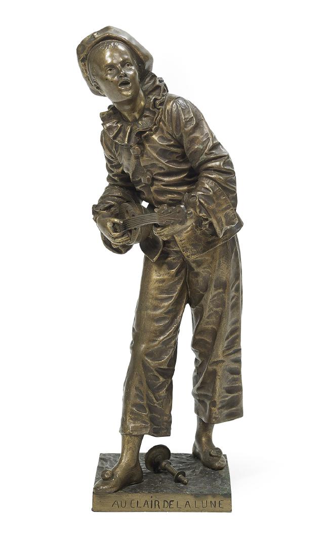French Bronze of "Au Clair de Lune": French Bronze of "Au Clair de Lune" third quarter 20th century, after Eutrope Bouret (French, 1833-1906), cast signature along back of self-base, titled at front edge. h. 18", w. 6", d. 6-1/2"