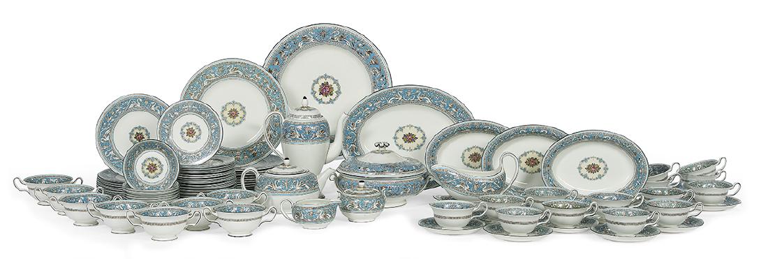 Wedgwood "Florentine" Partial Dinner Service: Wedgwood "Florentine" Partial Dinner Service ca. 1931 to present, the bone china with a turquoise rim, including six dinner plates, dia. 10-3/4", twelve salad plates, dia. 8-1/4", twelve bread and but