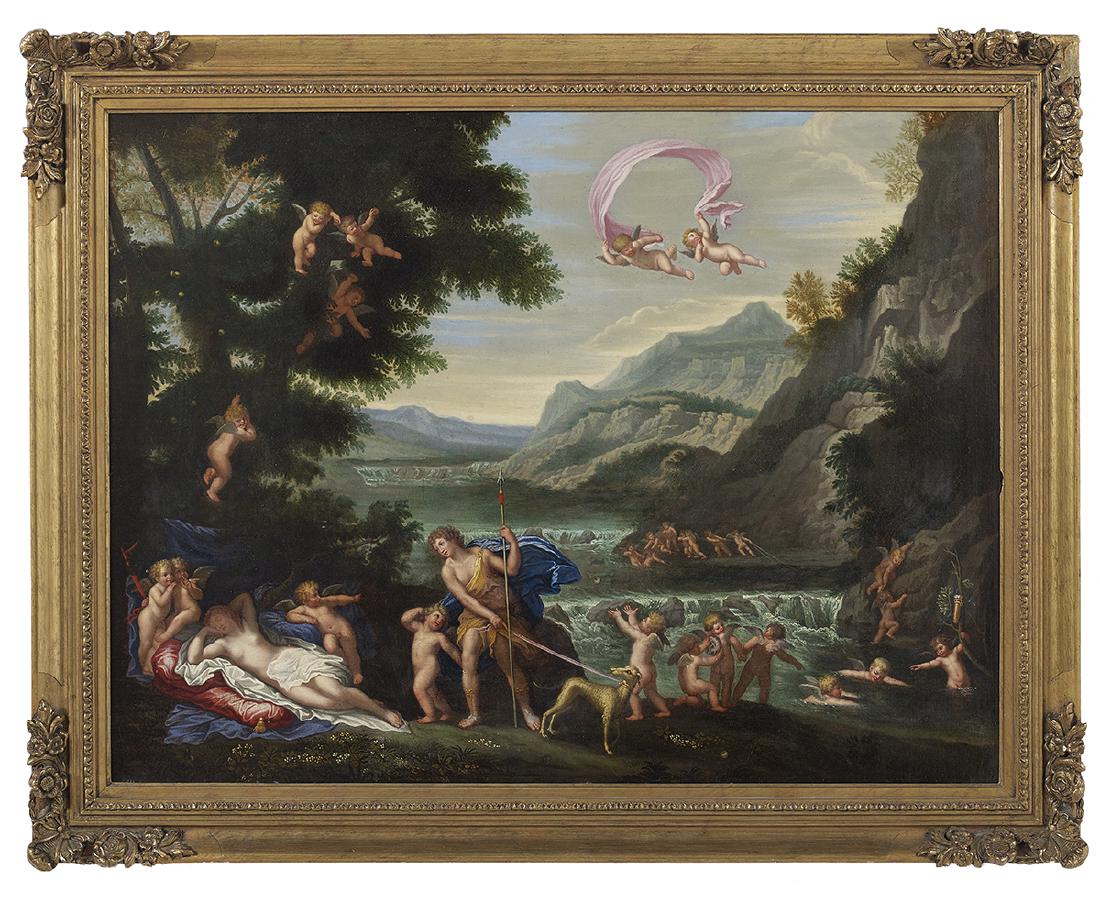 After Francesco Albani, (Italian, 1578-1660): After Francesco Albani (Italian, 1578-1660) "Adonis Led by Cupids to Venus", 19th century oil on canvas unsigned, partial old inventory label en verso. Framed. 30-3/4" x 39-1/4", framed 35-3/4" x 45-1