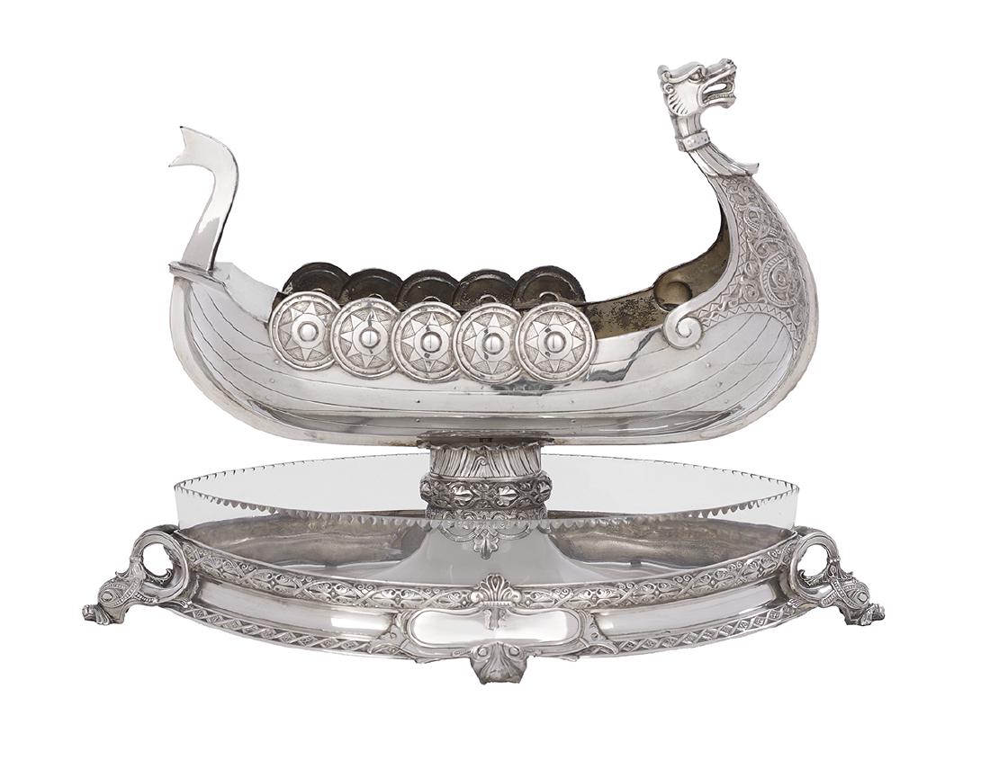 Scandinavian Silverplate and Glass Centerpiece: Scandinavian Silverplate and Glass Centerpiece mid-20th century, probably Norwegian, in the form of a traditional Viking ship above a navette-shaped frosted glass bowl with fluted rim, fitted in a con