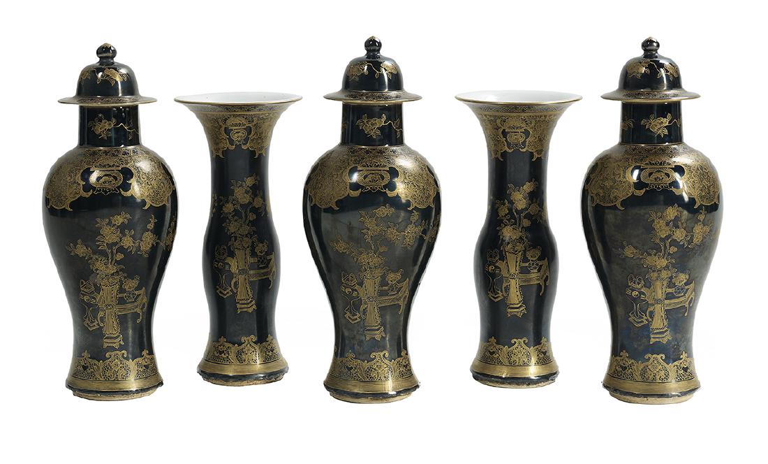 Five-Piece Chinese Export Famille Noire Garniture (1 of 3)