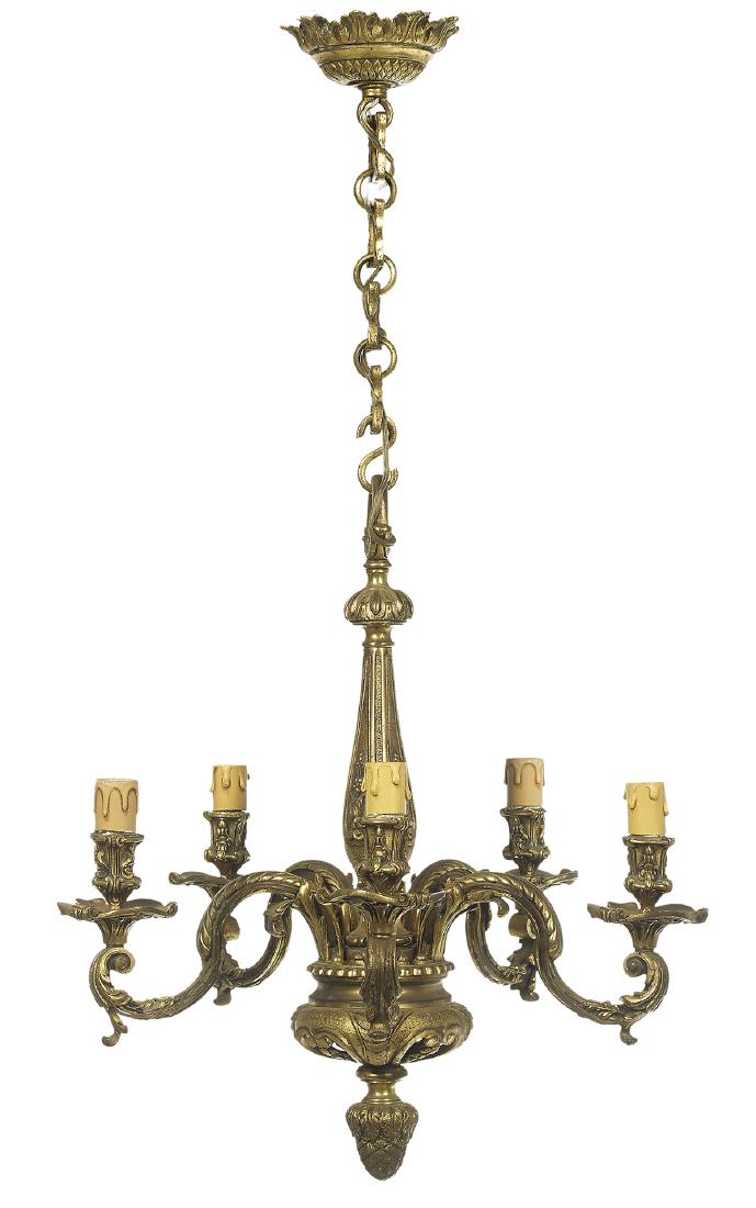 French Gilt-Bronze Chandelier: French Gilt-Bronze Chandelier first quarter 20th century, with a vasiform standard and a pinecone pendant finial, set with bold scrolled and leaf-molded arms, hanging from a molded bronze chain and a 