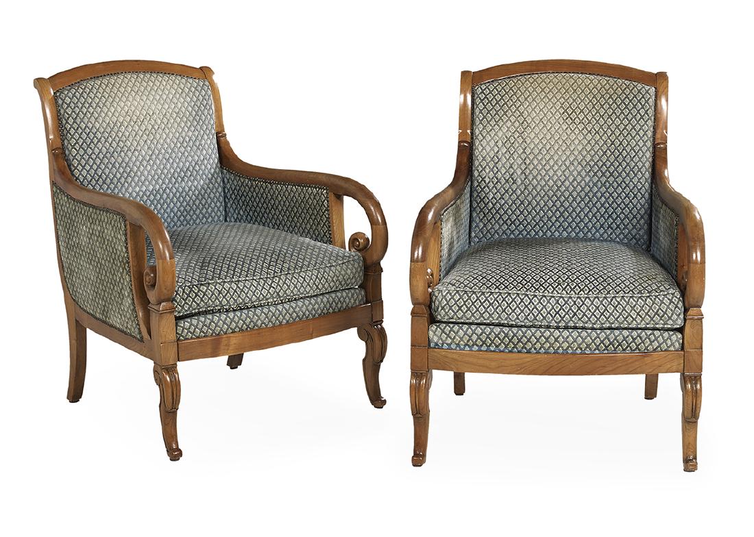 Pair of Mid-Century Fruitwood Bergeres: Pair of Mid-Century Fruitwood Bergeres of Restauration Inspiration third quarter 20th century, each with an arched top rail, closed arms with scroll ends, bowed seat rail, shaped legs and a loose feat