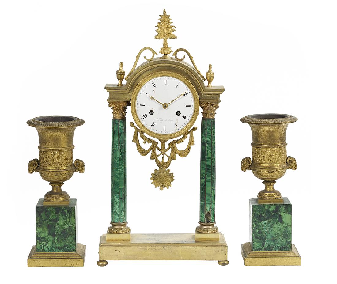 Rare French Gilt-Bronze and Malachite Clock Set (1 of 2)