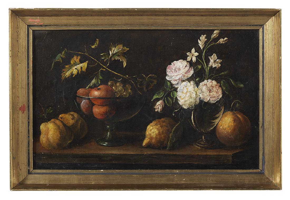 Circle of Wm. van Aelst, (Dutch, 1627-ca. 1683): Circle of Willem van Aelst (Dutch, 1627-ca. 1683) "Still Life of Flowers and Fruit" oil on canvas unsigned. Framed. 10-3/4" x 16-3/4", framed 12-3/4" x 19"