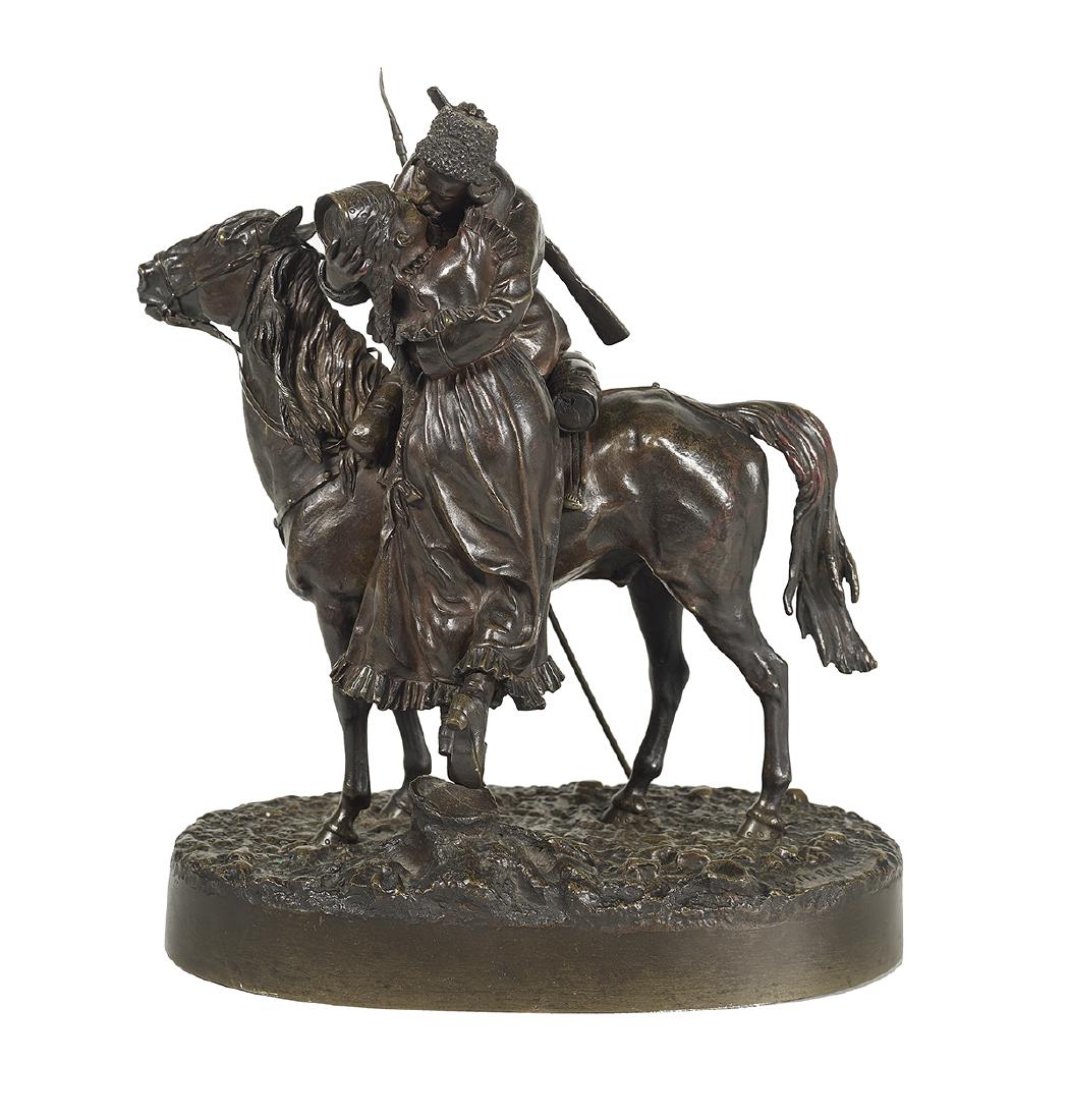 After Vassili Y. Grachev, (Russian, 1831-1905): After Vassili Yacovlevitch Grachev (Russian, 1831-1905) "The Returning Cossack" patinated bronze ca. 1900, cast signature in Cyrillic along front edge, a "Woerffel/St. Petersbourg" foundry inscription