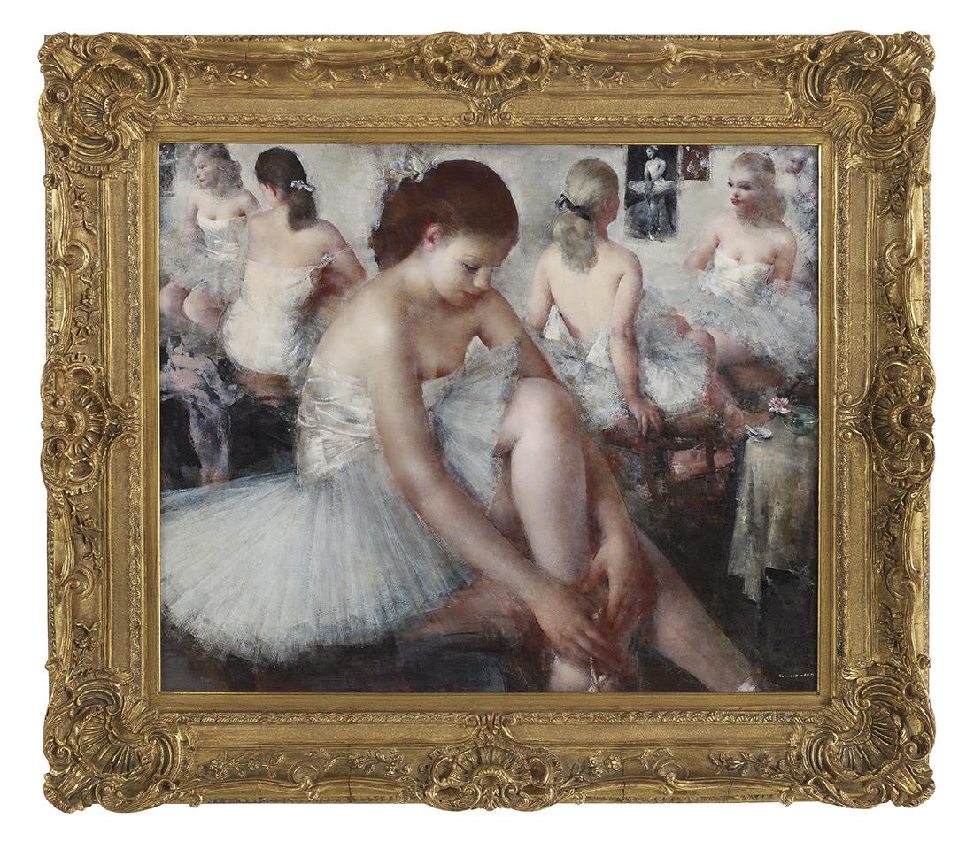 Grigory Gluckmann, (Russian/US, 1898-1973): Grigory Gluckmann (Russian/California, 1898-1973) "Debut" oil on canvas signed lower right, titled on"Dalzell Hatfield Galleries, Los Angeles" label on stretcher, frame backing with labels from Palm S