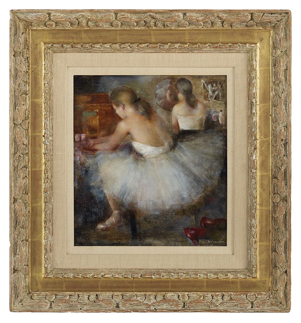 Grigory Gluckmann, (Russian/US, 1898-1973): Grigory Gluckmann (Russian/California, 1898-1973) "Red Shoes: In the Dressing Room" oil on board signed lower right, titled on"Dalzell Hatfield Galleries, Los Angeles" label on frame backing. Framed.