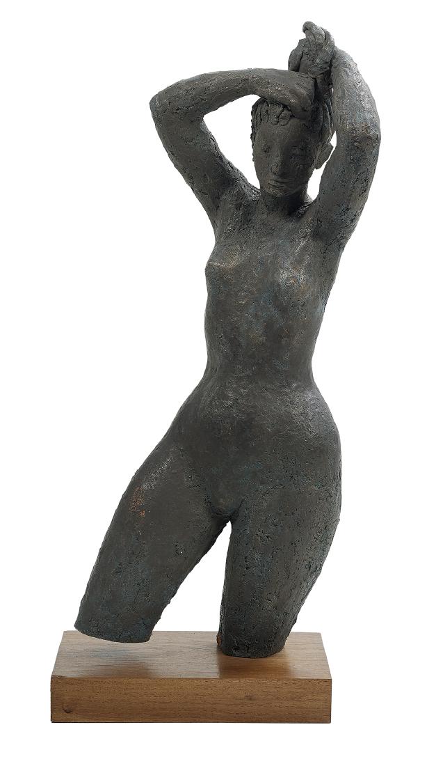 Enrique Alferez, (Mexican/Louisiana, 1901-1999): Enrique Alferez (Mexican/Louisiana, 1901-1999) "Female Standing Nude" painted terracotta on a carved wood support base. h. 28", w. 10-1/2", d. 7-1/2", overall h. 30"