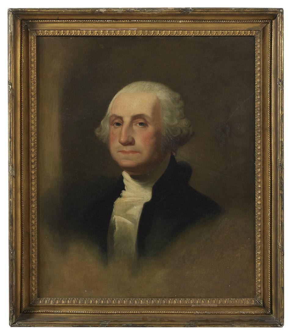 After Gilbert Stuart, (American, 1755-1828): After Gilbert Stuart (American, 1755-1828) "Portrait of George Washington" oil on canvas fourth quarter 19th century, unsigned. 30-1/4" x 25-1/4", framed 36" x 30"