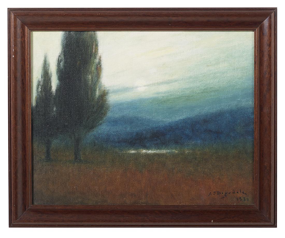 Alexander J. Drysdale, (US/Louisiana, 1870-1934): Alexander John Drysdale (American/Louisiana, 1870-1934) "Pine Trees at Dusk", 1930 oil on canvas signed and dated lower right. Framed. 19" x 24", framed 23-3/4" x 25-5/8" Provenance: Private collectio