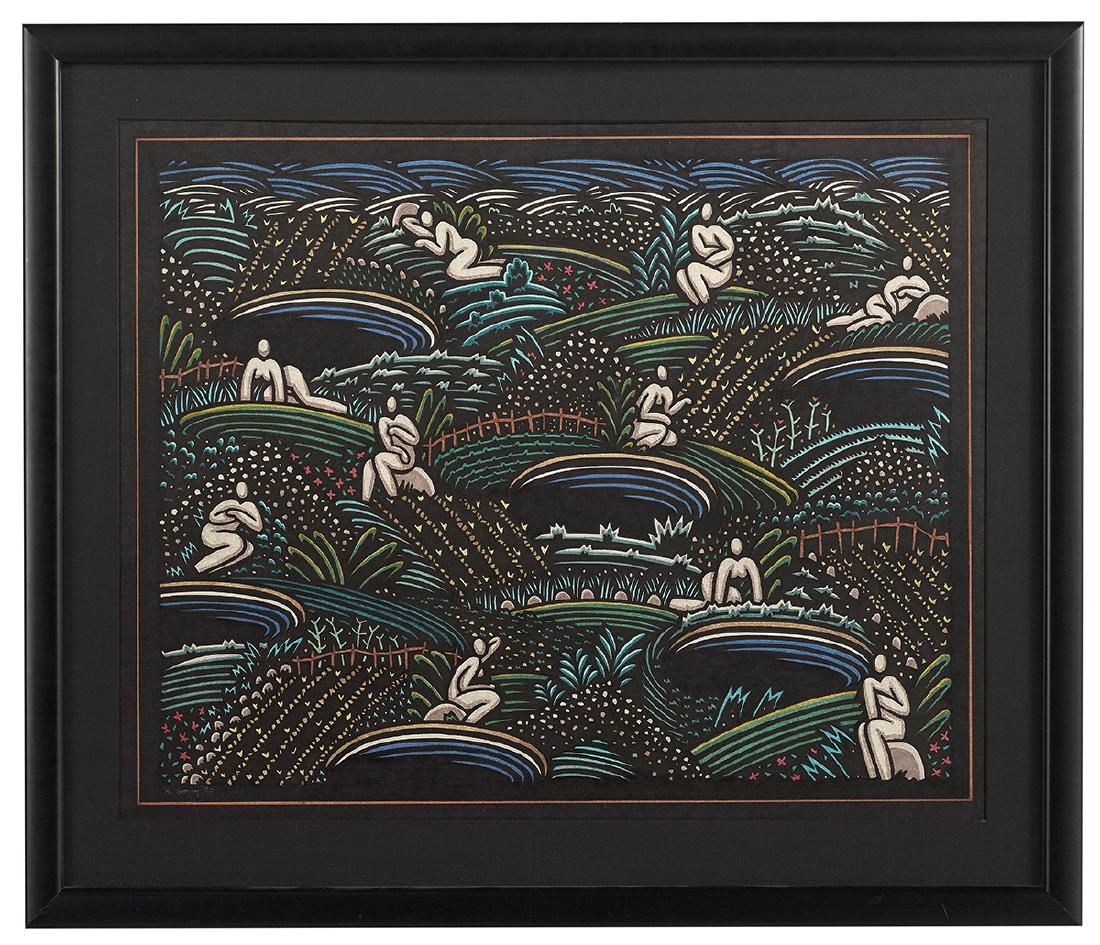 Robert Gordy, (American/Louisiana, 1933-1986): Robert Gordy (American/Louisiana, 1933-1986) "Night Garden", 1980 marker on paper signed and dated lower left. Matted, glazed and framed. sight 24" x 31", framed 32" x 38"