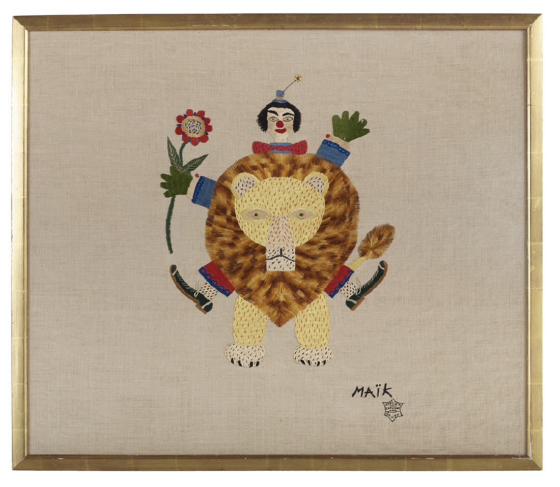 Henri Maik, (French, 1922-1993): Henri Maik (French, 1922-1993) "Ready for the Circus" needlework on linen embroidured signature and "Ateliers des Capucins, AMH Souny" lower right. Framed. sight 29-1/4 in. x 34-1/4 in., framed 32 in.