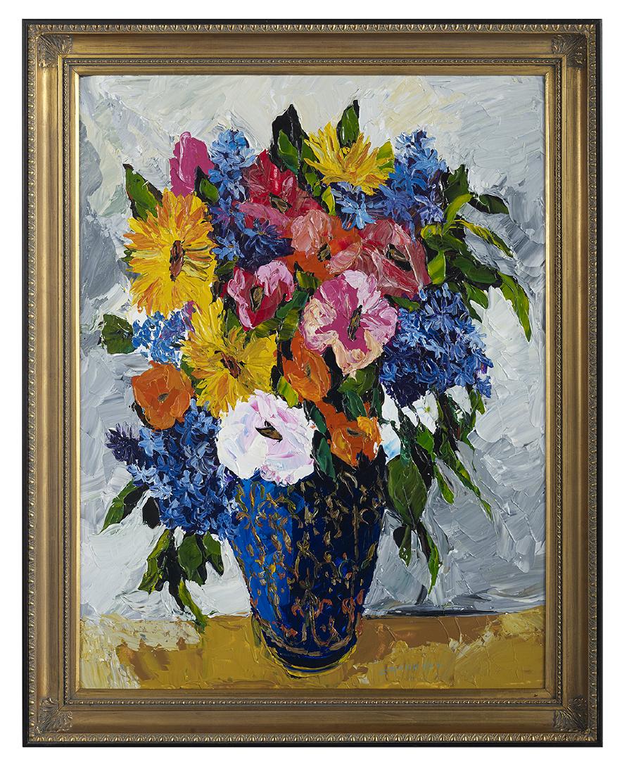 Maria Rosenberg, (Canadian, b. 1969): Maria Rosenberg (Canadian, b. 1969) "Floral Still Life in a Blue Vase" acrylic on canvas signed lower right and en verso. Framed. 48" x 36"