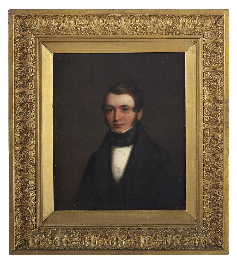 British School, (19th Century): British School (19th Century) "Portrait of a Handsome Young Man" oil on wood panel unsigned, a "Wyatt, Carver and Gilder, Oxford" label en verso. Framed. 11-1/2" x 9-1/2", framed 17" x 15" Provenance: