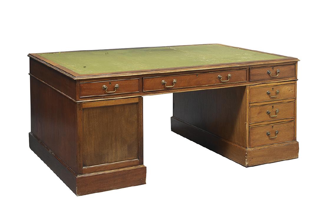 George III Mahogany Partner's Desk: George III Mahogany Partner's Desk early 20th century, the rectangular top with an inset leather writing surface, above a frieze fitted with three drawers to either side, raised on two pedestals, each