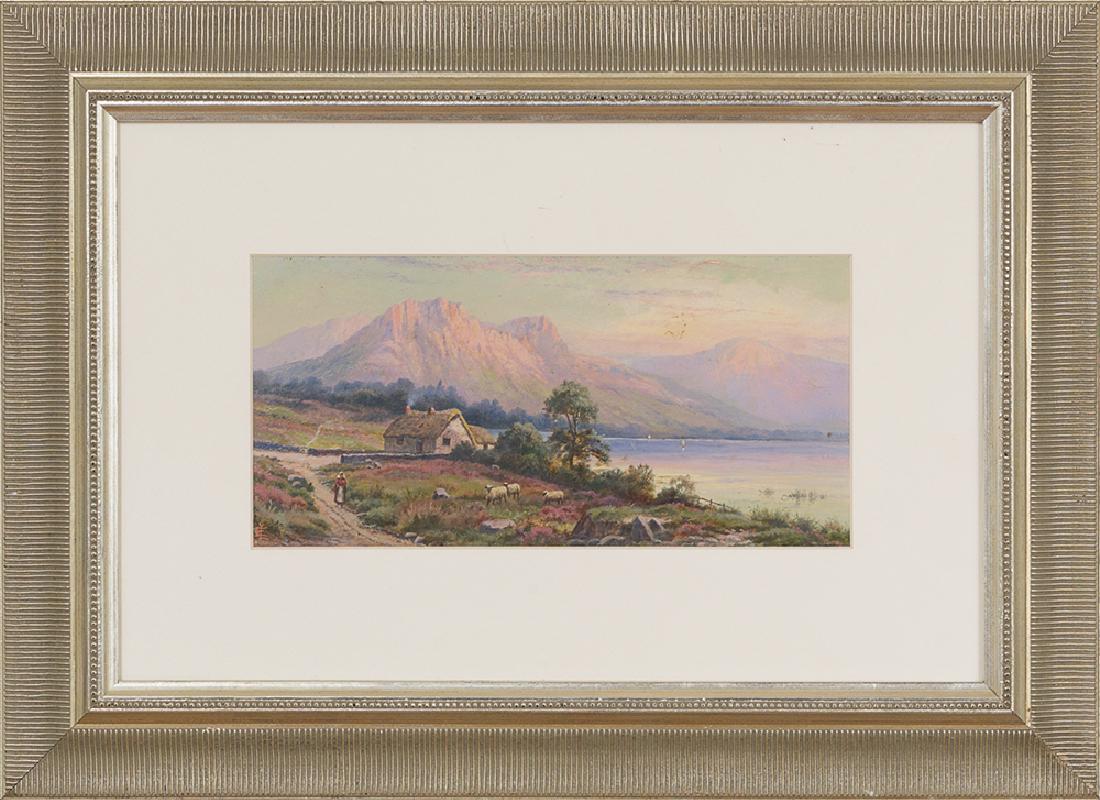 Edgar Longstaffe, (British, 1849-1912): Edgar Longstaffe (British, 1849-1912) "Luminous Highland View with Sheep Grazing in the Foreground" oil on board monogrammed lower left. Matted, glazed and presented in a contemporary silver gilded fr
