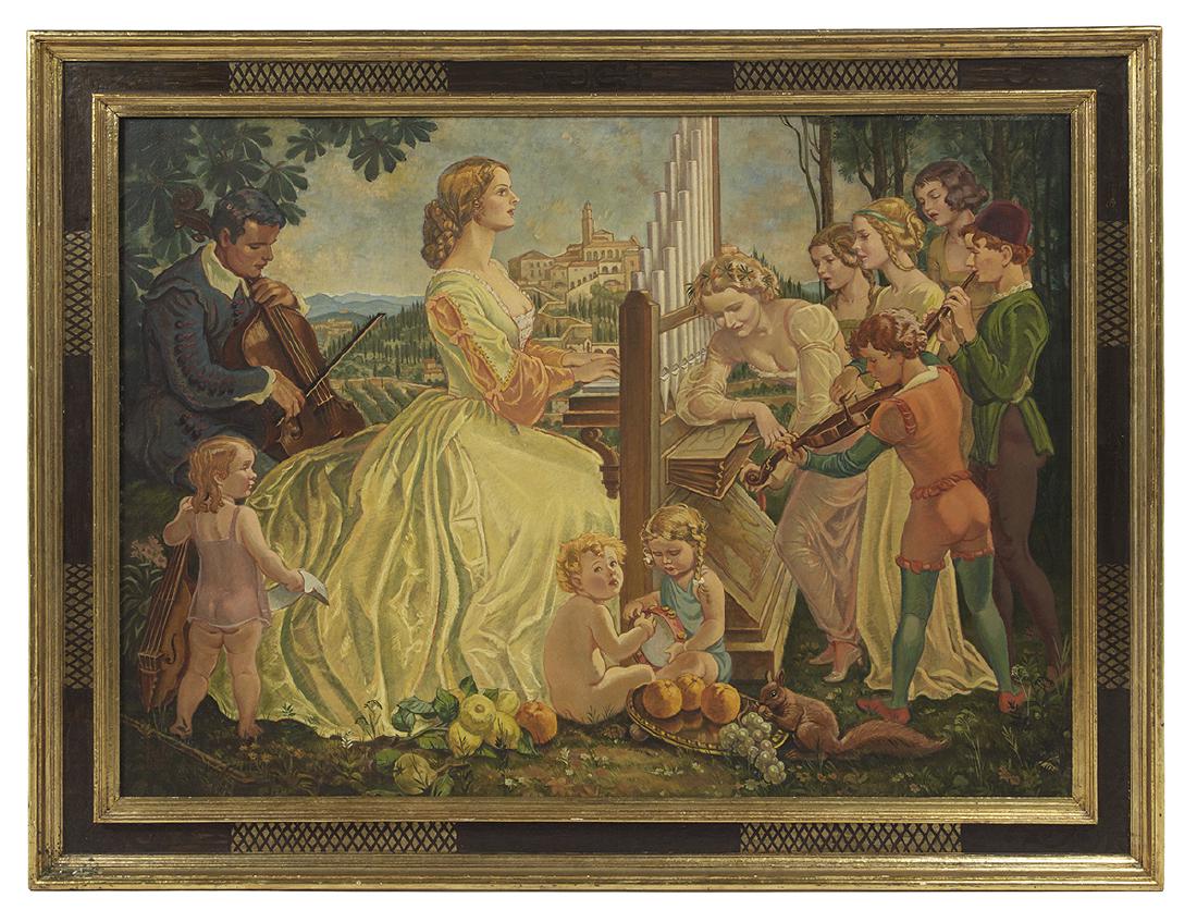 Franz Paul Glass, (German, 1886-1964): Franz Paul Glass (German, 1886-1964) "Familienkonzert", 1941 oil on canvas signed and dated lower left, verso with German shipping label and English catalogue label. Framed. 43-1/4" x 59", framed 53" 