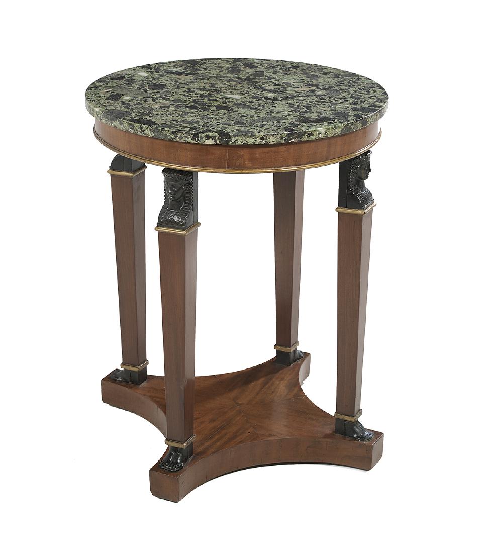 Empire-Style Mahogany and Marble-Top Gueridon: Empire-Style Mahogany and Marble-Top Gueridon fourth quarter 19th century, the circular marble top above a conforming frieze, raised on tapering square supports headed by ebonized maiden's-head capita