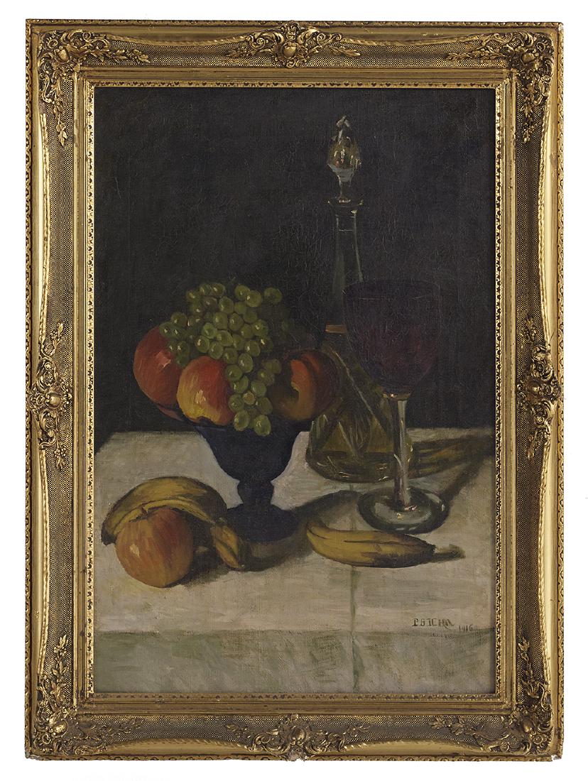 Continental School, (20th Century): Continental School (20th Century) "Still Life with Fruit and Wine", 1916 oil on burlap illegibly signed and dated lower right. Framed. 29" x 19", framed 34-1/2" x 24-3/4"