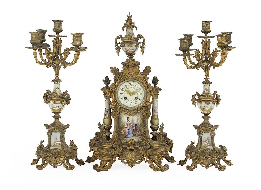 Three-Piece Gilt-Bronze and Porcelain Clock Set (1 of 2)