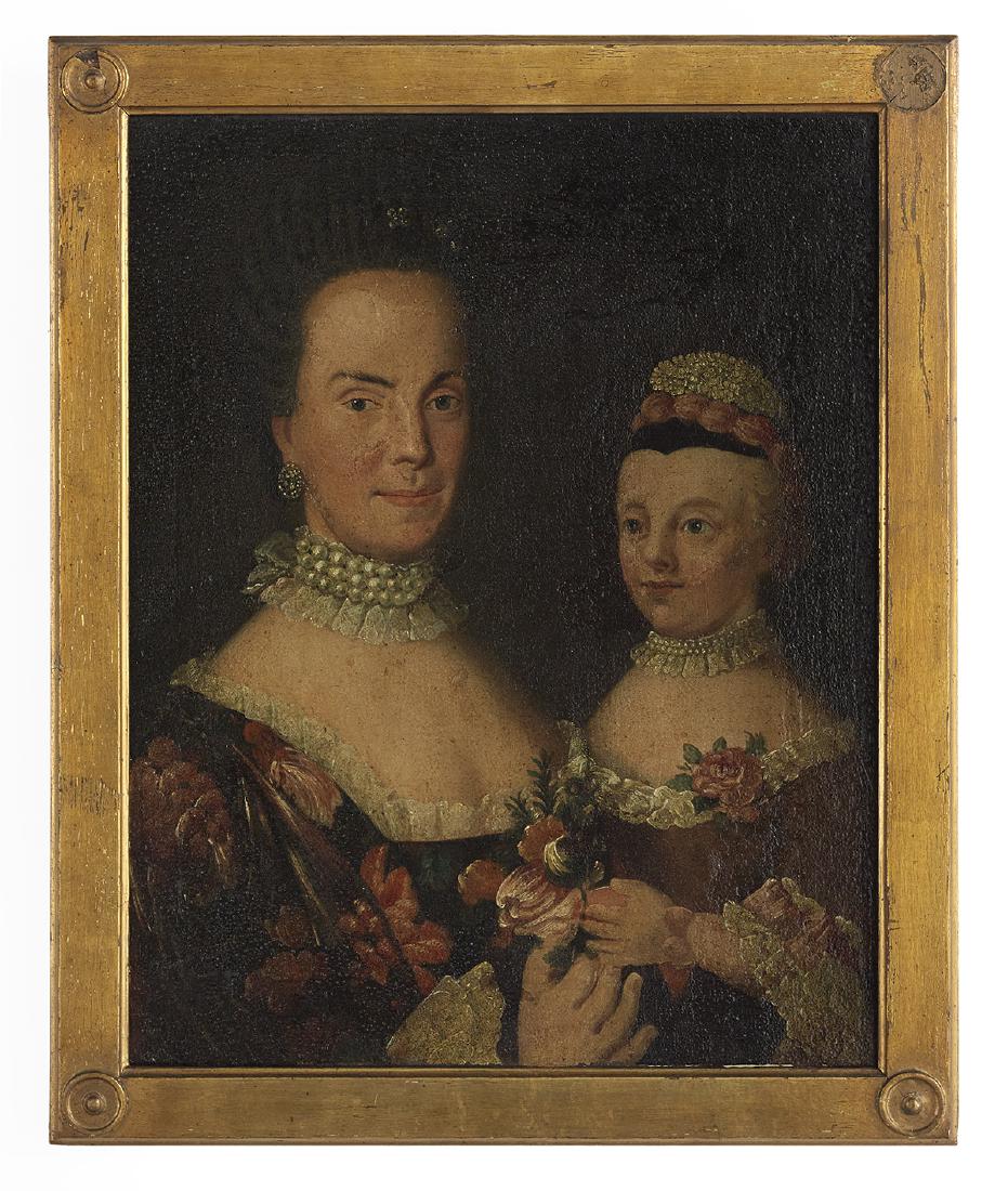 Continental School, (19th Century): Continental School (19th Century) "Portrait of a Mother and Daughter in Pearl and Lace Collars" oil on canvas In a carved giltwood frame. 24-1/2" x 21-1/2", framed 28" x 23"