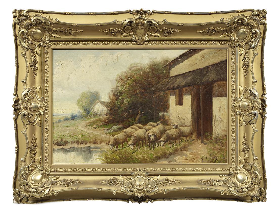 Continental School, (19th Century): Continental School (19th Century) "A Flock of Sheep" oil on canvas indistinctly signed "... Valmy?" lower right. In a period gilt frame. 20" x 30", framed 32-1/2" x 42-1/2"