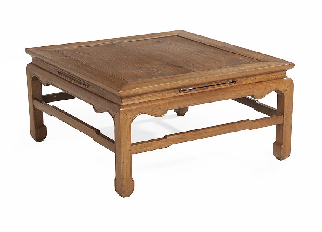 Chinese-Style Teakwood Chow Table: Chinese-Style Teakwood Chow Table 20th century, the square top set within a thick outer frame, with simply pierced frieze and shaped skirt, raised on four legs, joined by hump stretchers and terminati