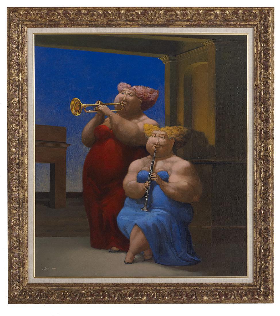 Carlos Jose Ledda, (Argentinian, b. 1932): Carlos Jose Ledda (Argentinian, b. 1932) "The Colorful Duet" oil on canvas signed lower left. Framed. 17-5/8" x 14-3/4", framed 20" x 17"