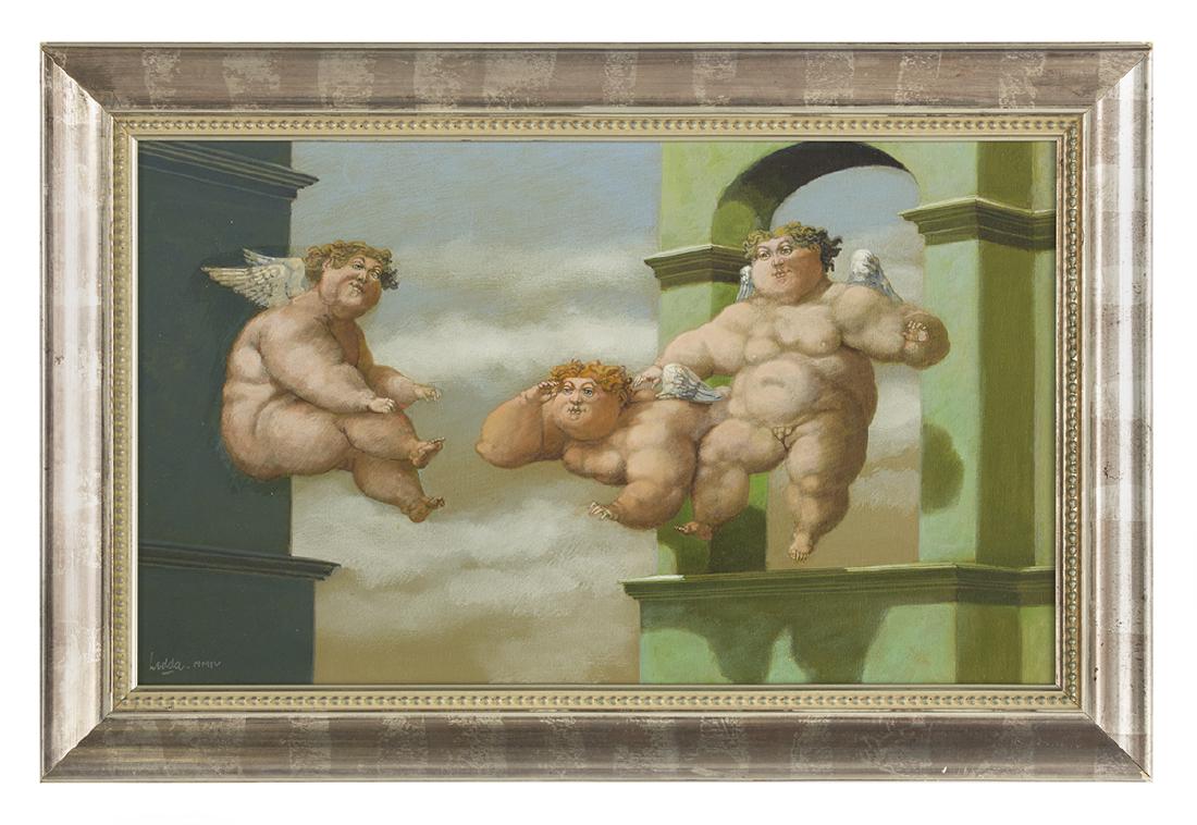 Carlos Jose Ledda (Argentinian, b. 1932): Carlos Jose Ledda (Argentinian, b. 1932) "El Vuelo", 2004 oil on canvas signed and dated "MMIV" lower left, "Bryant Galleries/New Orleans" label en verso. Framed. 12" x 19-1/2", framed 15-1/2" x 23-3/